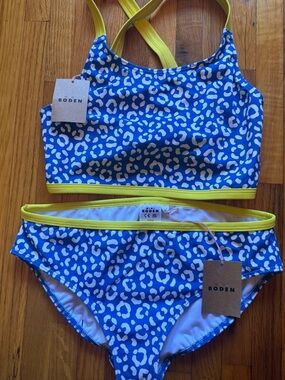 Mini Boden Blue and White Leopard-Print Two-Piece Swimsuit with Yellow Trim